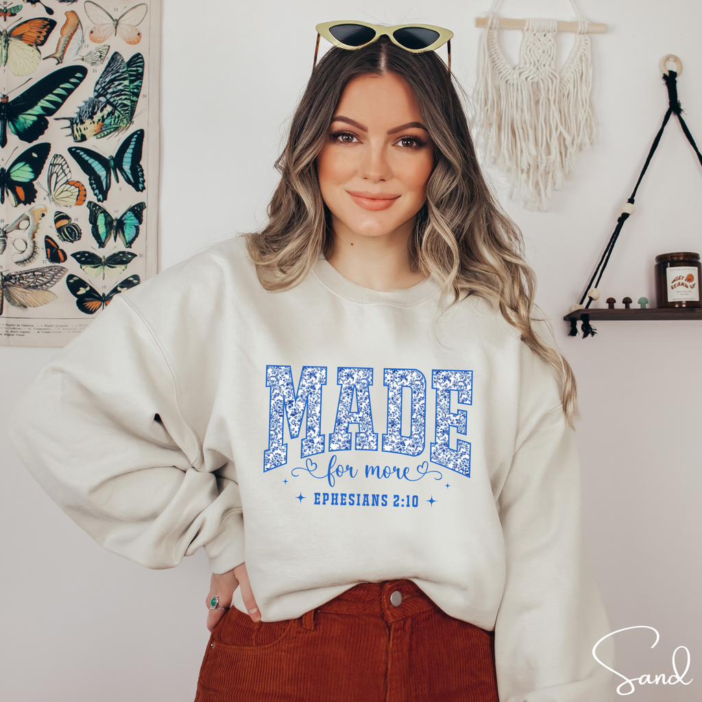 ✨ Gildan 18000 “MADE” Floral Varsity Sweatshirt | Made for More | Ephesians 2:10 | Cozy Christian Crew ✨
