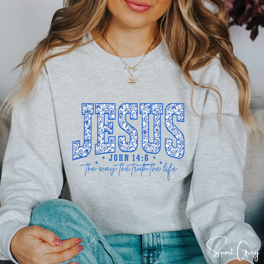 ✨ JESUS Floral Varsity Sweatshirt | Cozy Faith Gildan 18000 Crewneck | John 14:6 Faith Sweatshirt  ✨