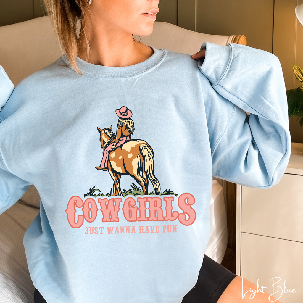 2. Retro Cowgirl Sweatshirt | “Cowgirls Just Want to Have Fun” Western Graphic Gildan 18000 Sweatshirt