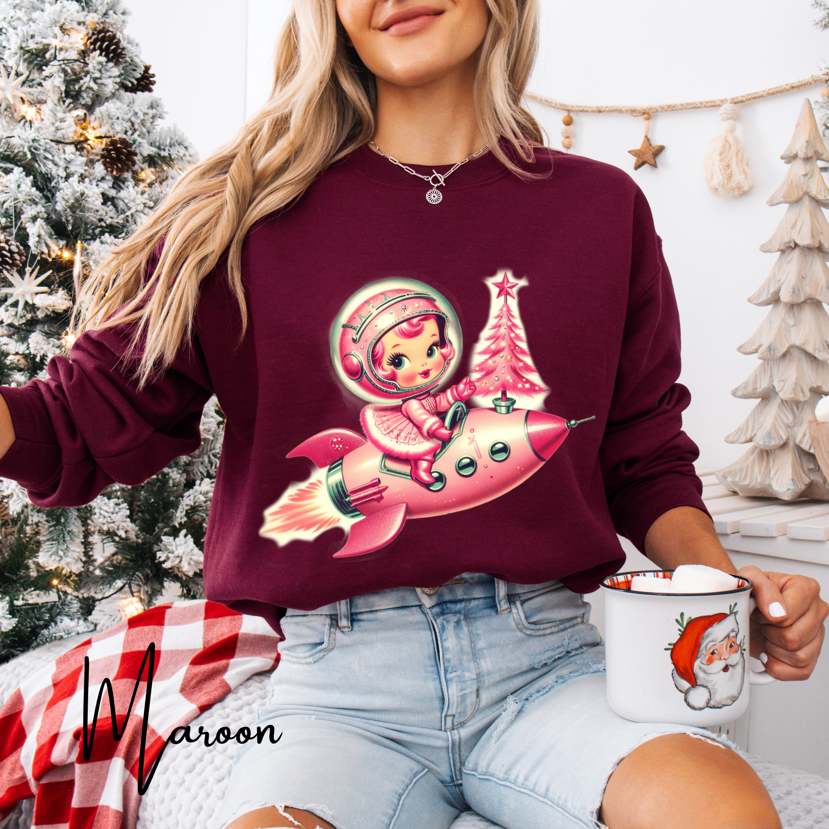 🚀 “Retro Rocket Reindeer Girl Christmas Sweatshirt” – Gildan 18000 🚀