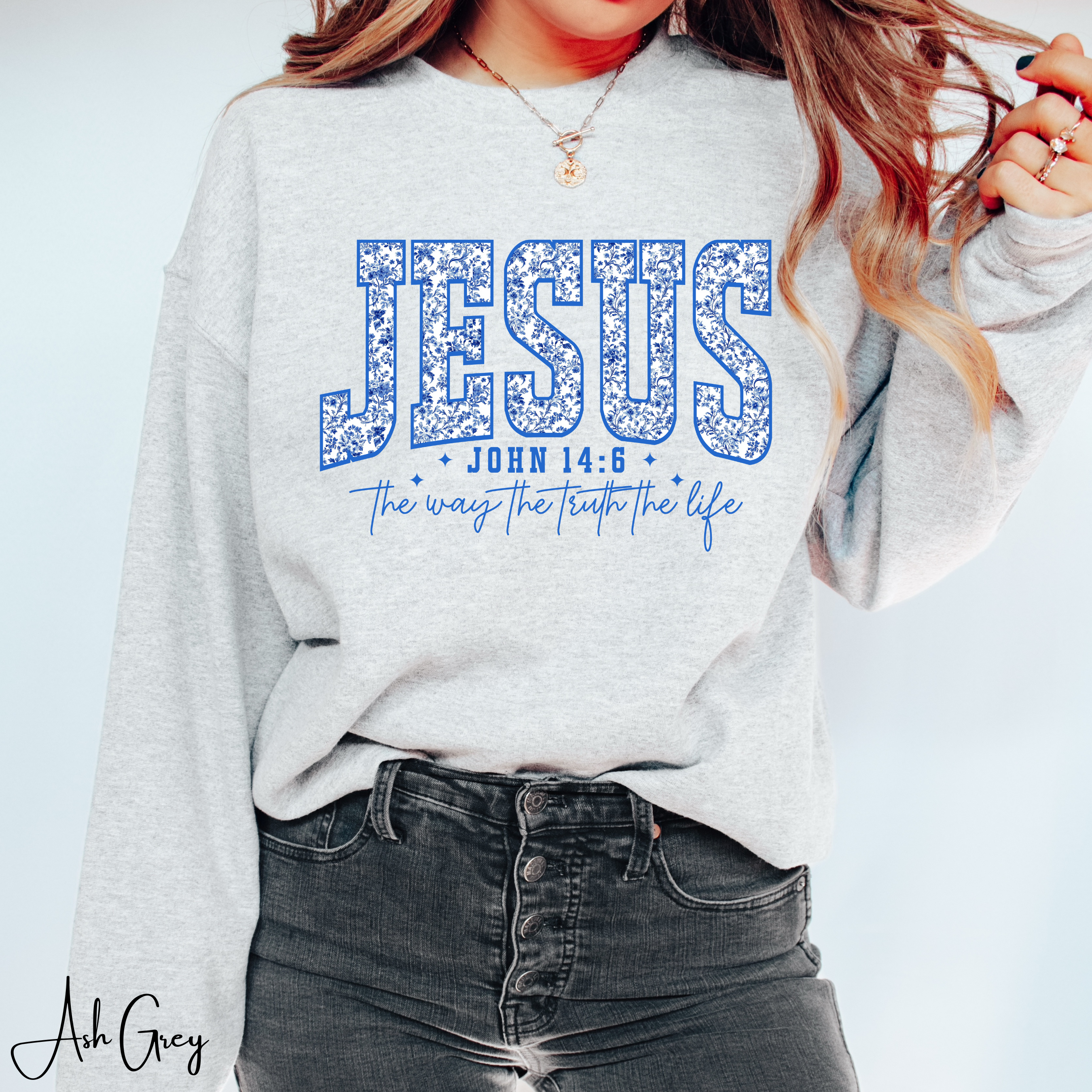 ✨ JESUS Floral Varsity Sweatshirt | Cozy Faith Gildan 18000 Crewneck | John 14:6 Faith Sweatshirt  ✨