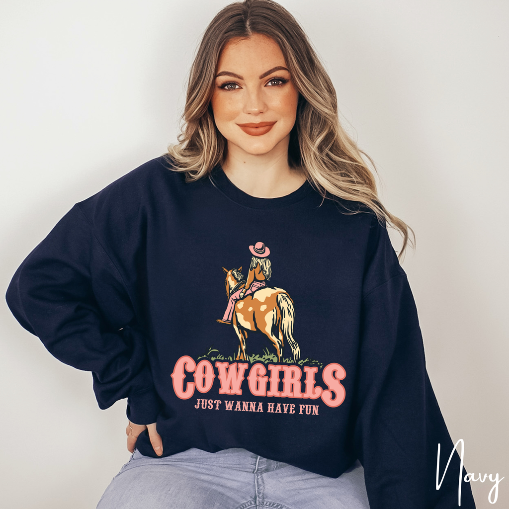 2. Retro Cowgirl Sweatshirt | “Cowgirls Just Want to Have Fun” Western Graphic Gildan 18000 Sweatshirt