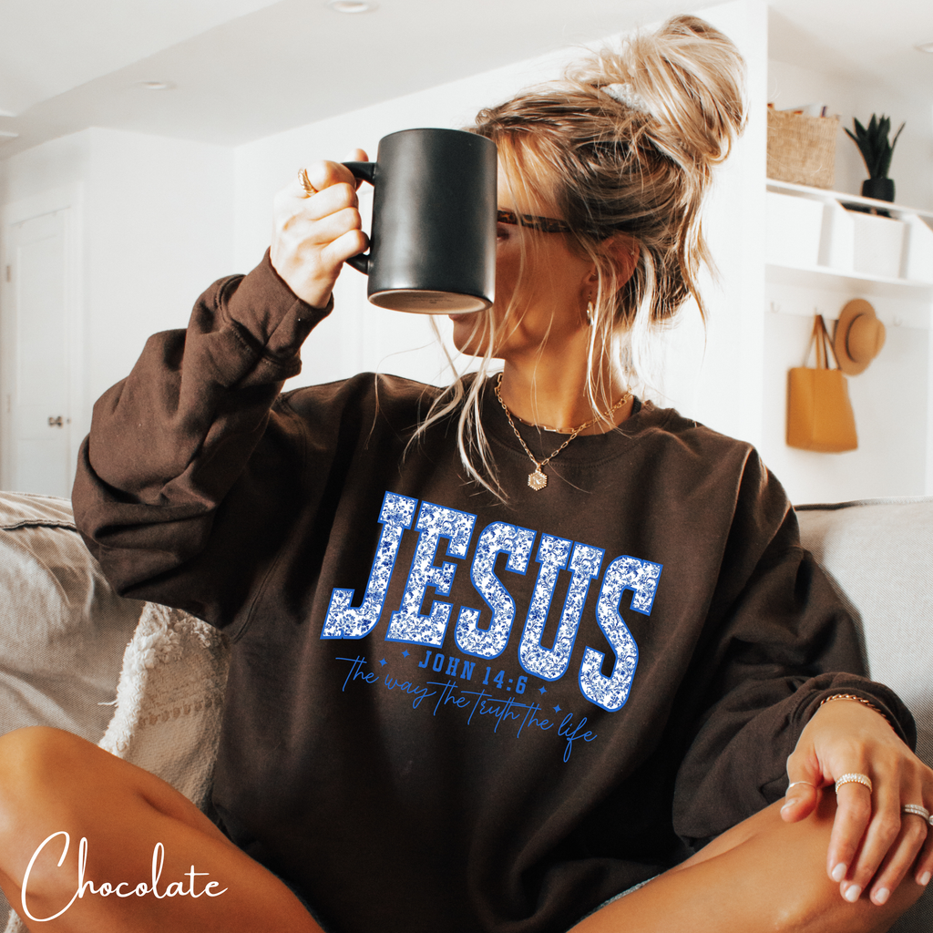 ✨ JESUS Floral Varsity Sweatshirt | Cozy Faith Gildan 18000 Crewneck | John 14:6 Faith Sweatshirt  ✨