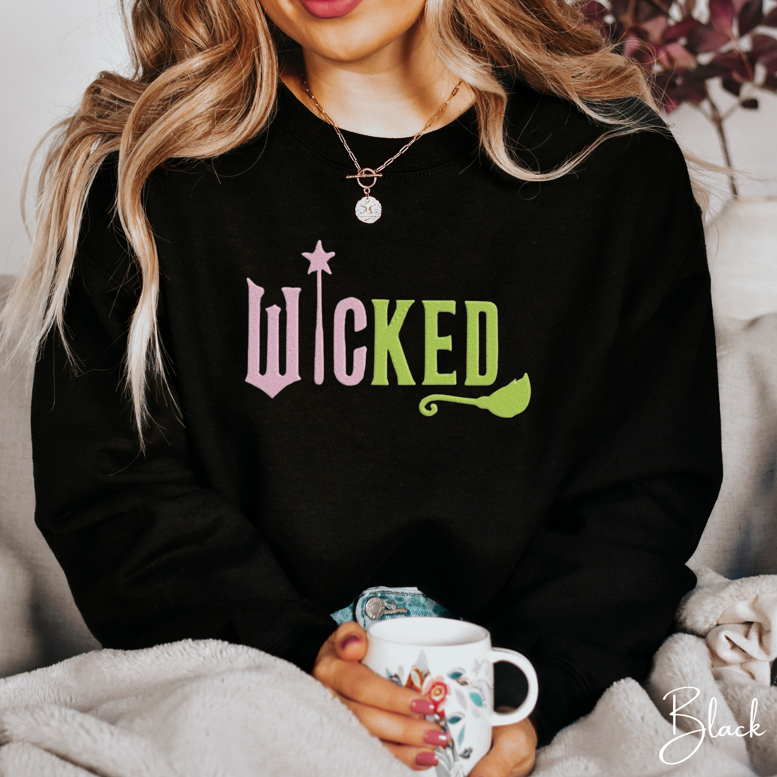 Embroidered WICKED Split Pink & Green Sweatshirt 💚💖 | Gildan 18000 | Wand & Broomstick Magical Crewneck
