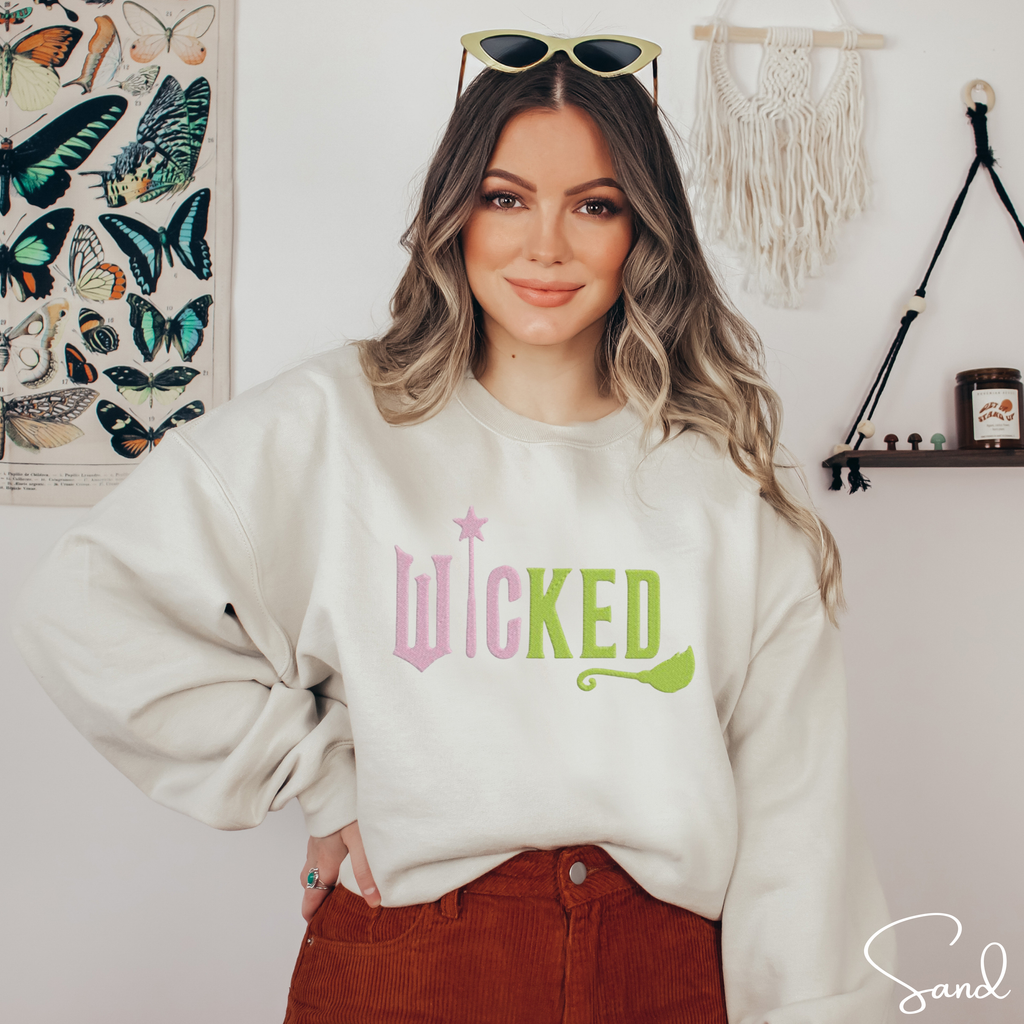 Embroidered WICKED Split Pink & Green Sweatshirt 💚💖 | Gildan 18000 | Wand & Broomstick Magical Crewneck