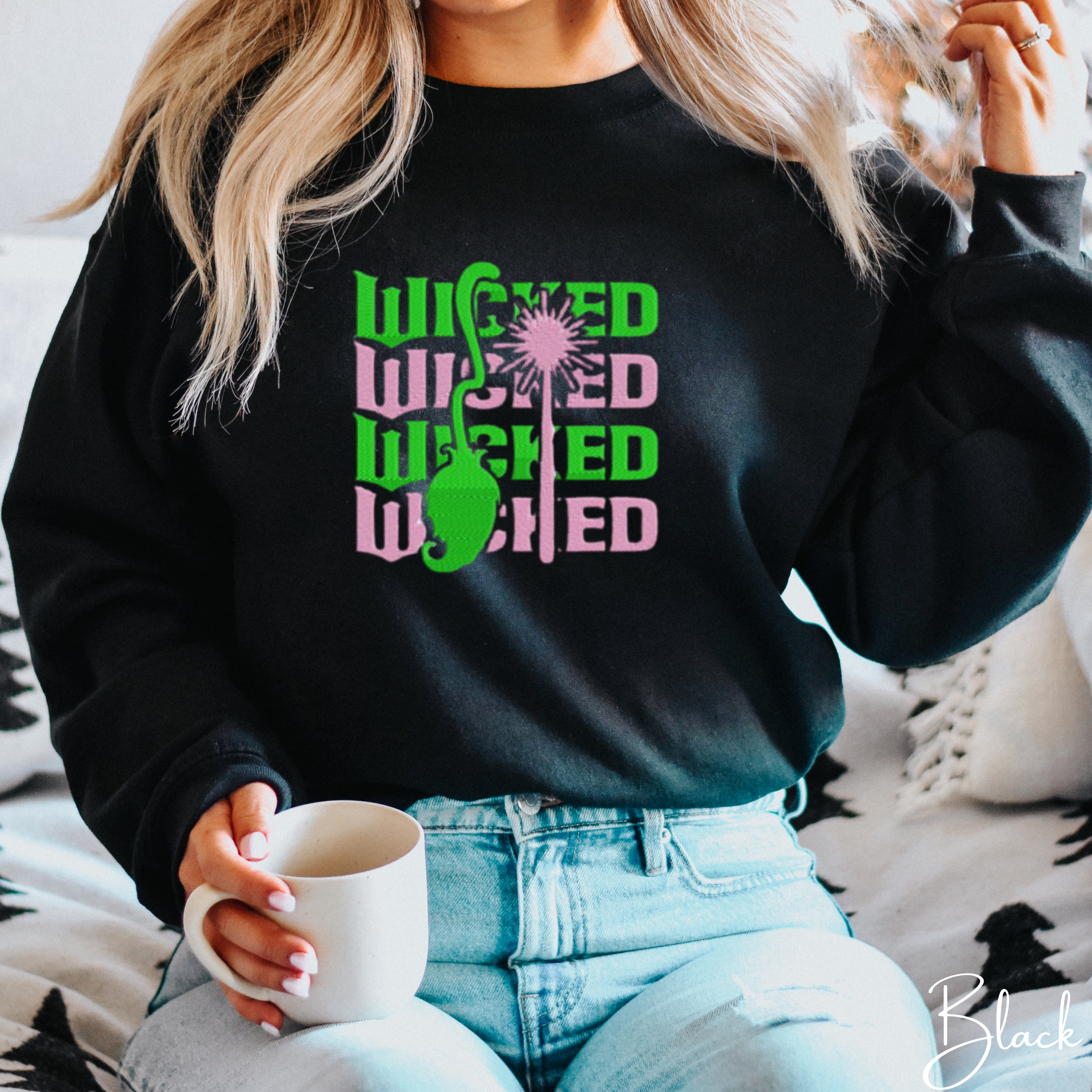 Embroidered Stacked “WICKED” Sweatshirt 💚💖 | Gildan 18000 | Wand & Broom Magical Aesthetic Crewneck
