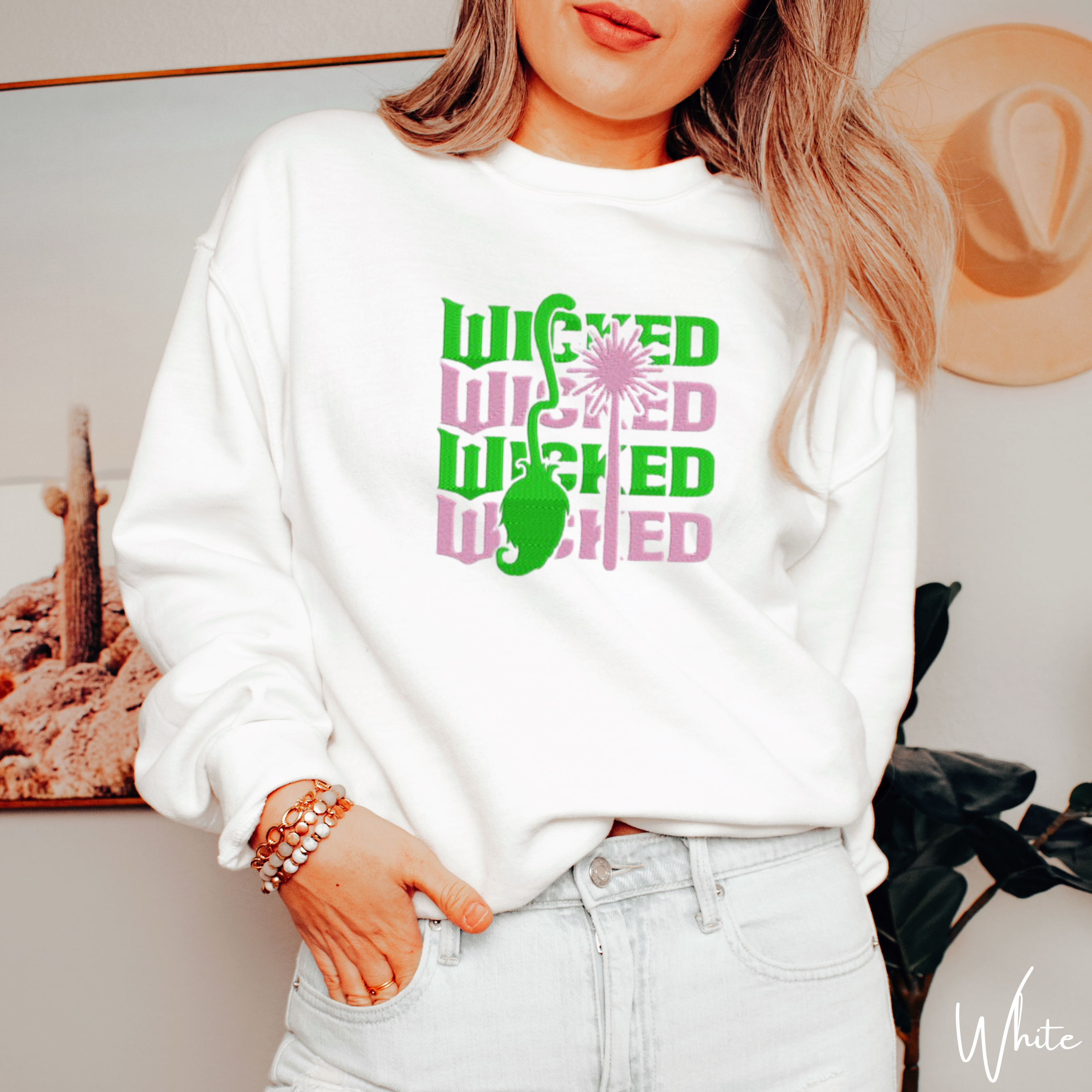 Embroidered Stacked “WICKED” Sweatshirt 💚💖 | Gildan 18000 | Wand & Broom Magical Aesthetic Crewneck