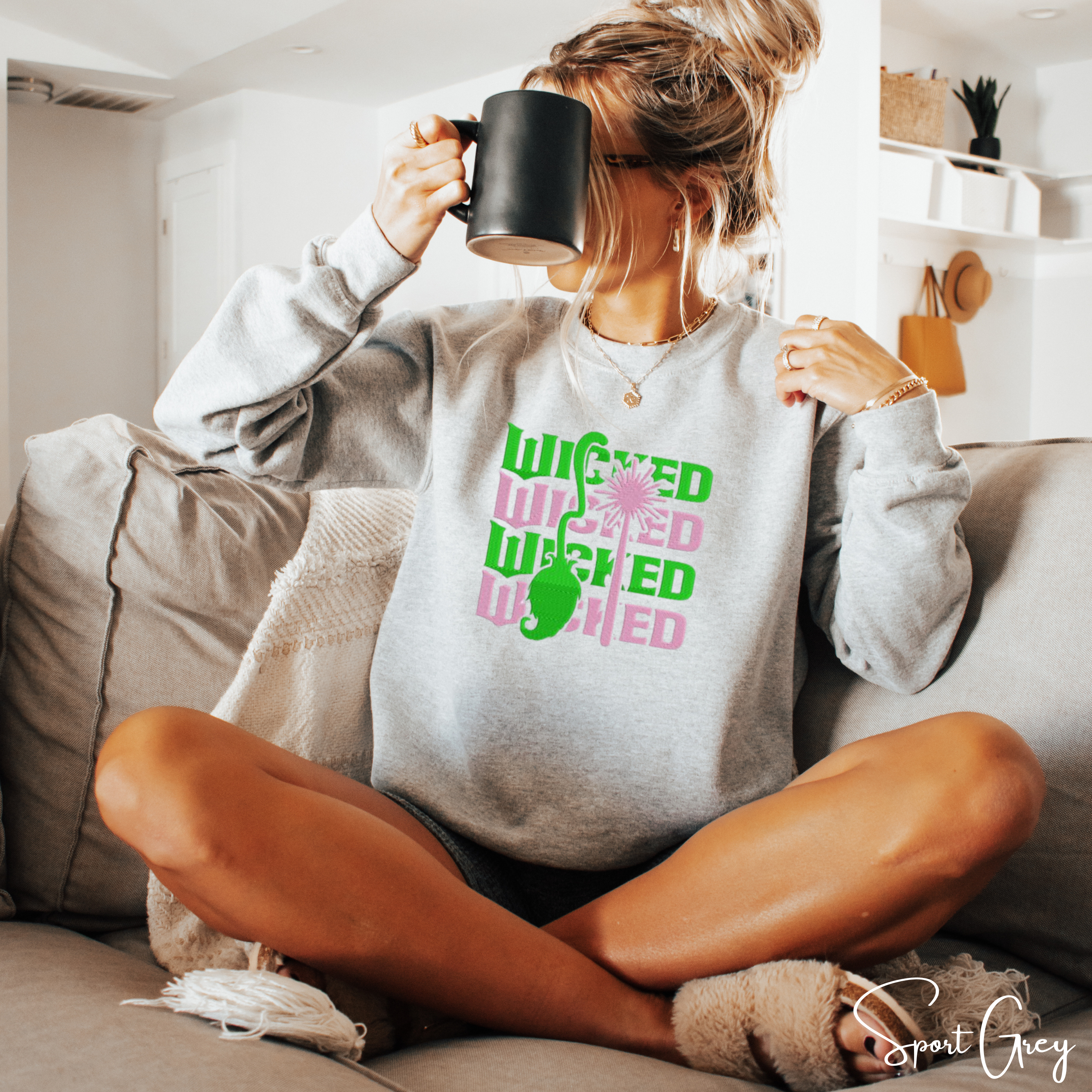 Embroidered Stacked “WICKED” Sweatshirt 💚💖 | Gildan 18000 | Wand & Broom Magical Aesthetic Crewneck