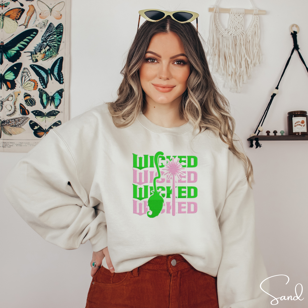 Embroidered Stacked “WICKED” Sweatshirt 💚💖 | Gildan 18000 | Wand & Broom Magical Aesthetic Crewneck