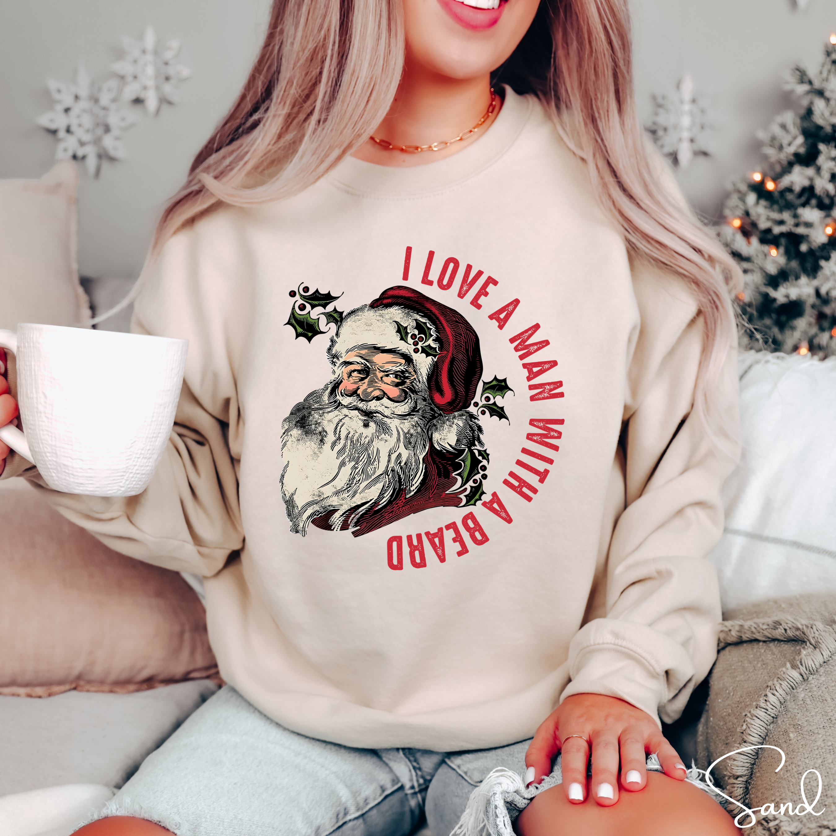 I Love a Man With a Beard Vintage Santa Christmas Gildan 18000 Sweatshirt