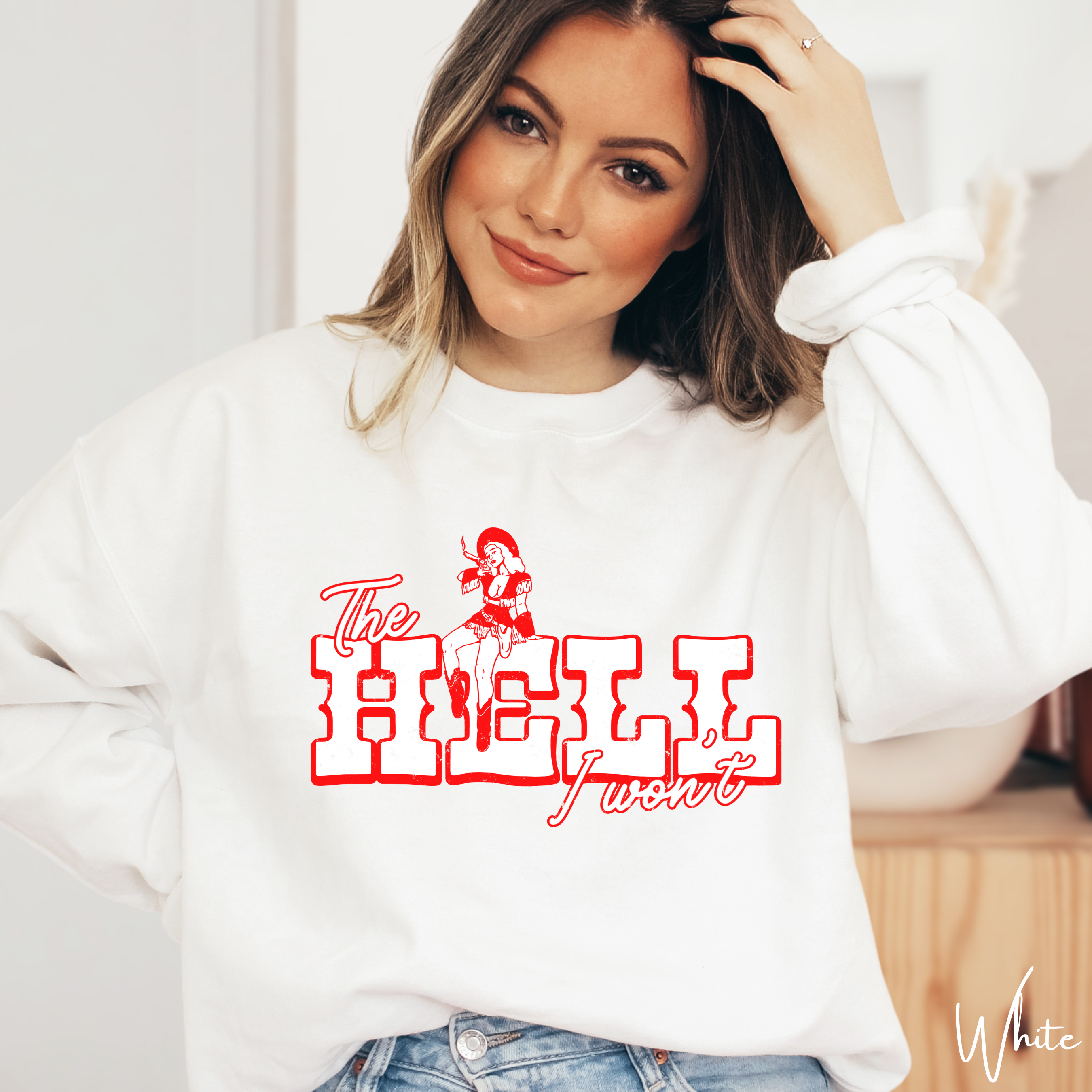 Western Grit Sweatshirt | Vintage Cowgirl “The Hell I Won’t” Graphic Gildan 18000 Sweatshirt