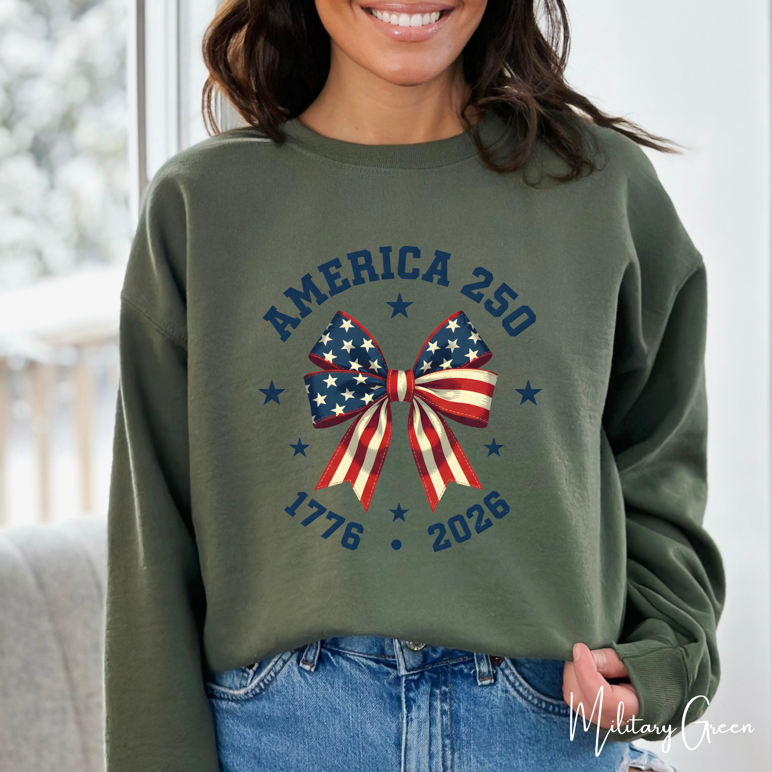 🇺🇸 America 250 Coquette Bow Sweatshirt | Gildan 18000 | 1776–2026 Semiquincentennial Patriotic Crewneck 🎀