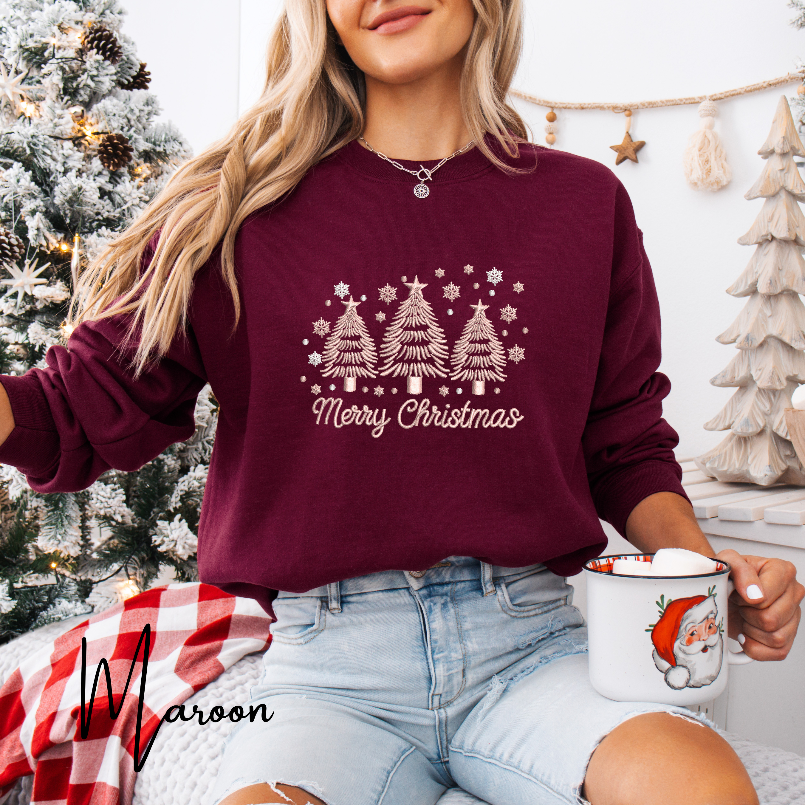 🎄✨ Merry Christmas Embroidered Trees Sweatshirt – Gildan 18000 Cozy Holiday Crewneck • Minimalist Festive Winter Style 🎄✨