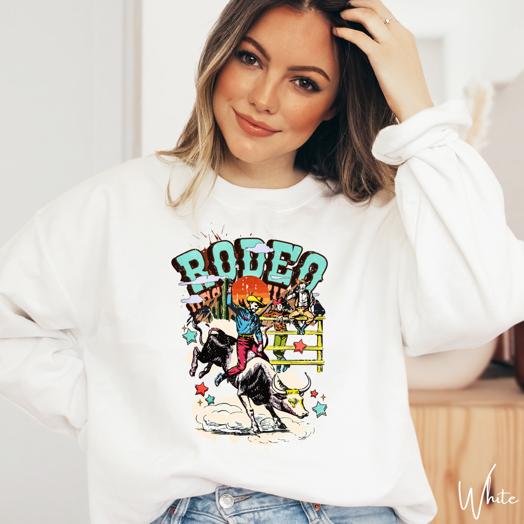 Vintage Rodeo Sweatshirt | Retro Cowboy & Bucking Bull Women’s Crewneck Gildan 18000 Sweatshirt