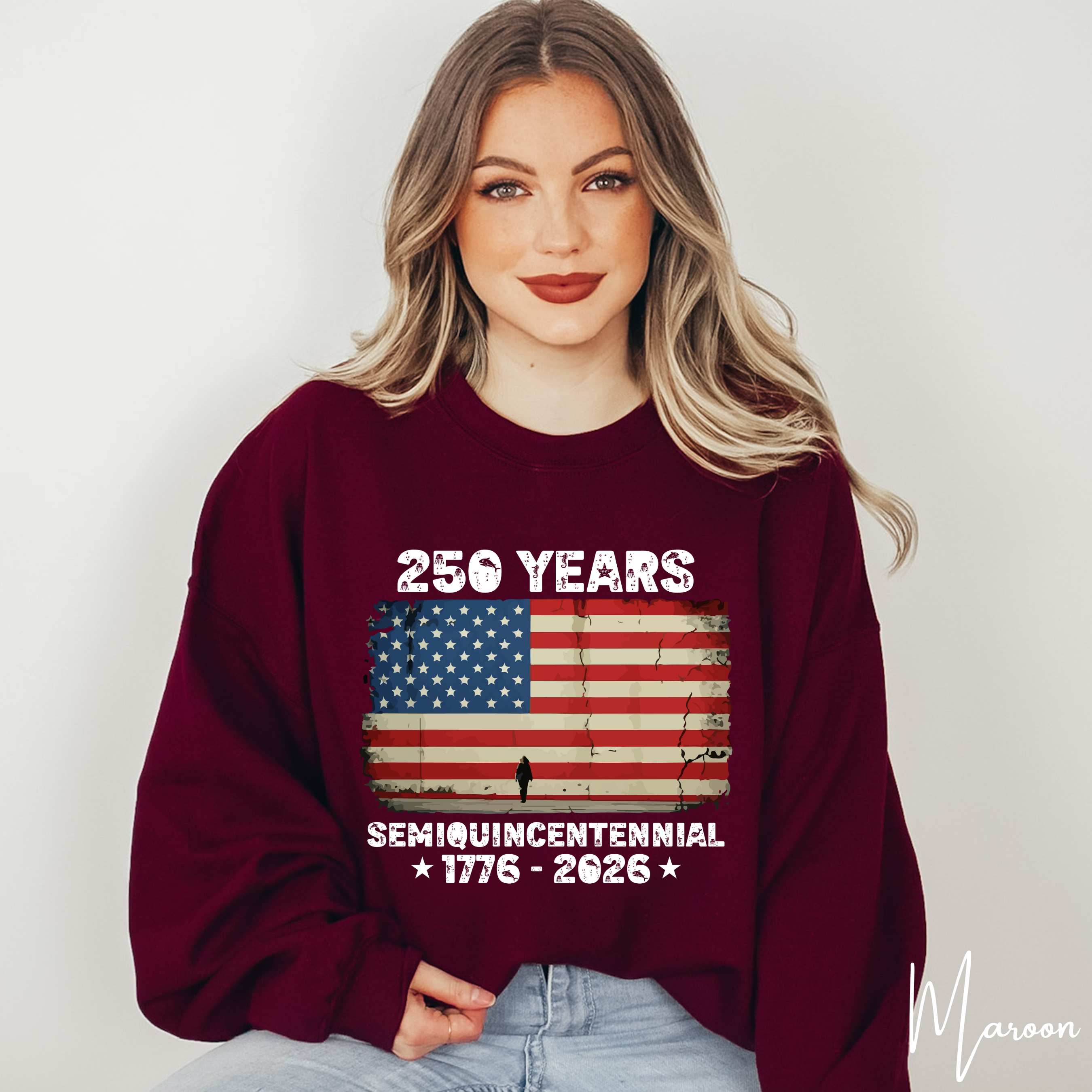 🇺🇸 250 Years Semiquincentennial USA Sweatshirt | Distressed American Flag 1776–2026 | Patriotic Gildan 18000 Crewneck