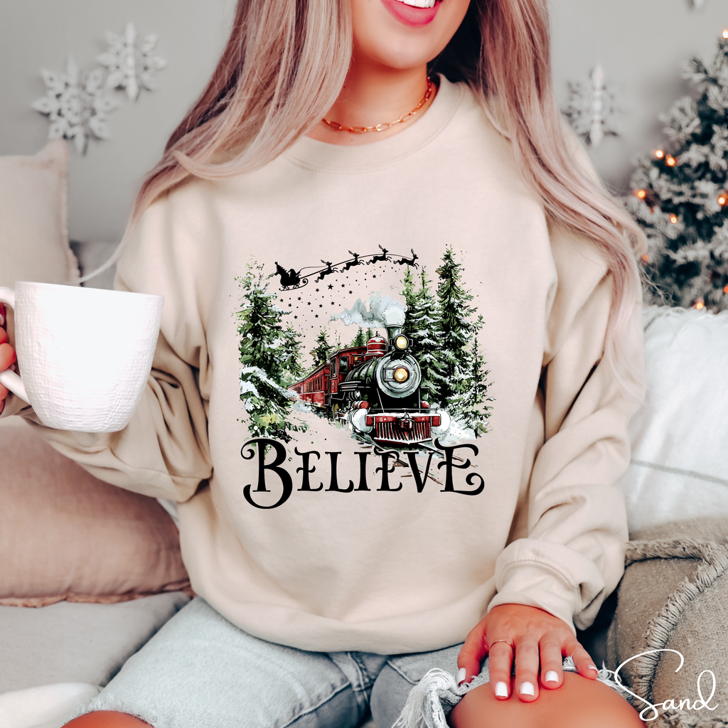 🎄✨ Believe Christmas Train Sweatshirt – Cozy Winter Holiday Crewneck Inspired by Classic Christmas Train Magic 🚂❄️