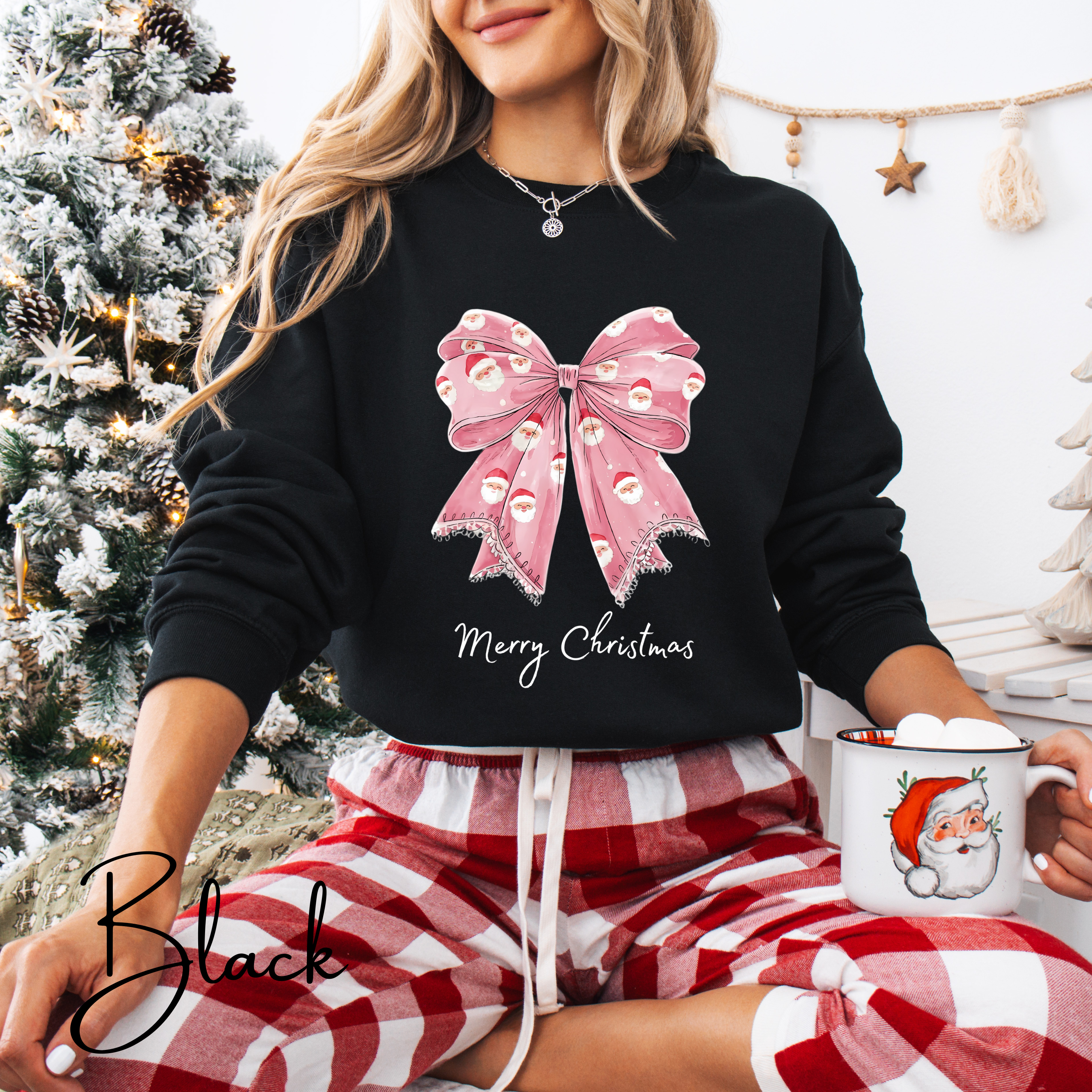🎀🎅 Pink Coquette Bow Christmas Sweatshirt – Gildan 18000 Cozy Holiday Crewneck with Santa Bow Design • Soft Girly Festive Aesthetic