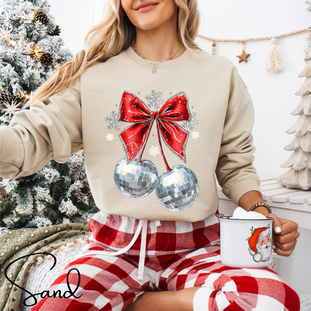 🍒✨ Disco Cherry Coquette Bow Sweatshirt – Retro Glitter Aesthetic Cozy Trendy Pullover 🎀🪩 Gildan 18000 Sweatshirt