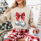 🍒✨ Disco Cherry Coquette Bow Sweatshirt – Retro Glitter Aesthetic Cozy Trendy Pullover 🎀🪩 Gildan 18000 Sweatshirt