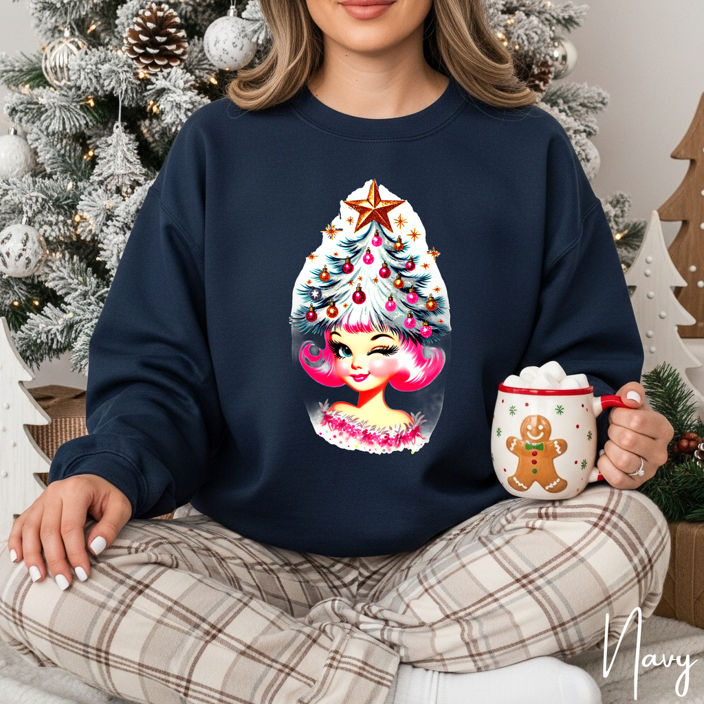 🎄💋 Christmas Tree Cutie Gildan 18000 Sweatshirt – Retro Pinup Holiday Crewneck • 50s Vintage Christmas Aesthetic