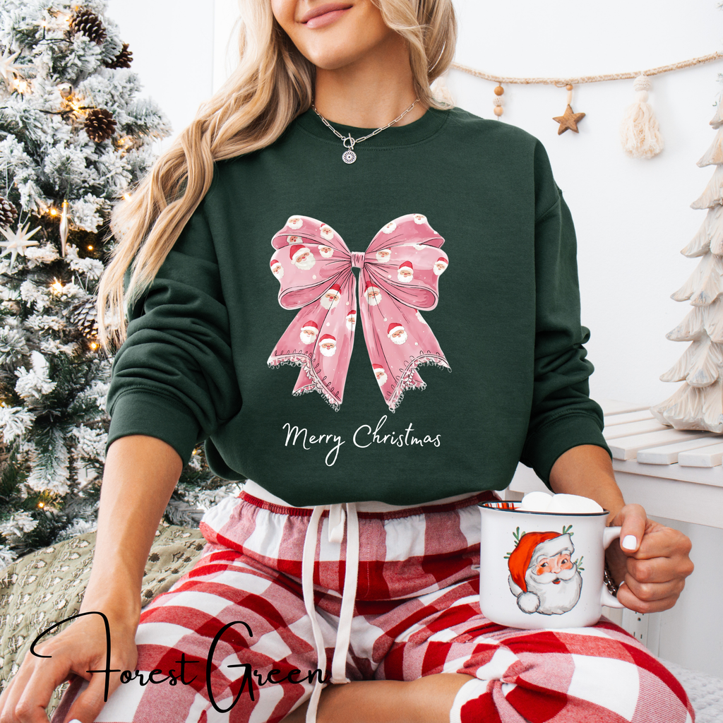 🎀🎅 Pink Coquette Bow Christmas Sweatshirt – Gildan 18000 Cozy Holiday Crewneck with Santa Bow Design • Soft Girly Festive Aesthetic