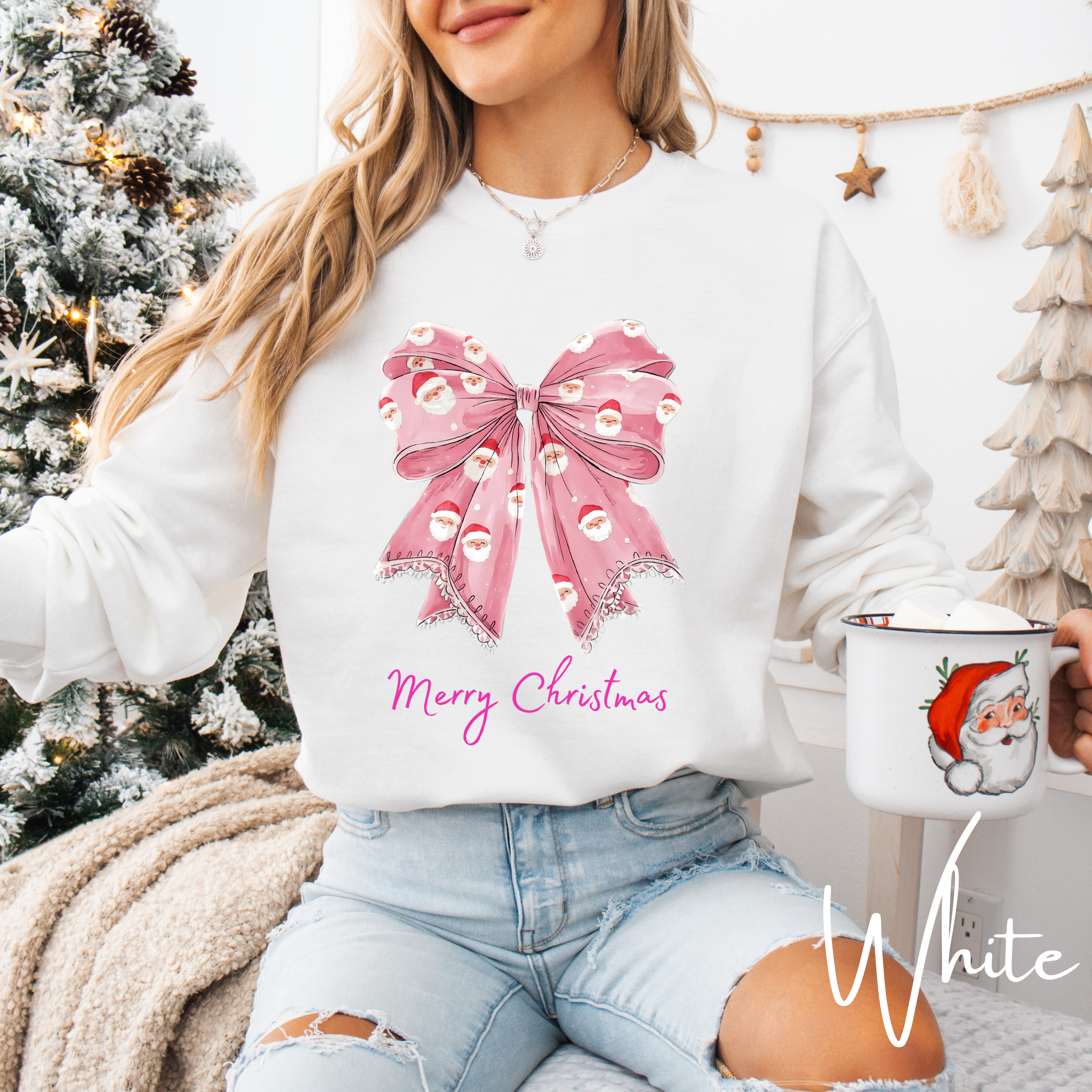 🎀🎅 Pink Coquette Bow Christmas Sweatshirt – Gildan 18000 Cozy Holiday Crewneck with Santa Bow Design • Soft Girly Festive Aesthetic