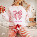 🎀🎅 Pink Coquette Bow Christmas Sweatshirt – Gildan 18000 Cozy Holiday Crewneck with Santa Bow Design • Soft Girly Festive Aesthetic