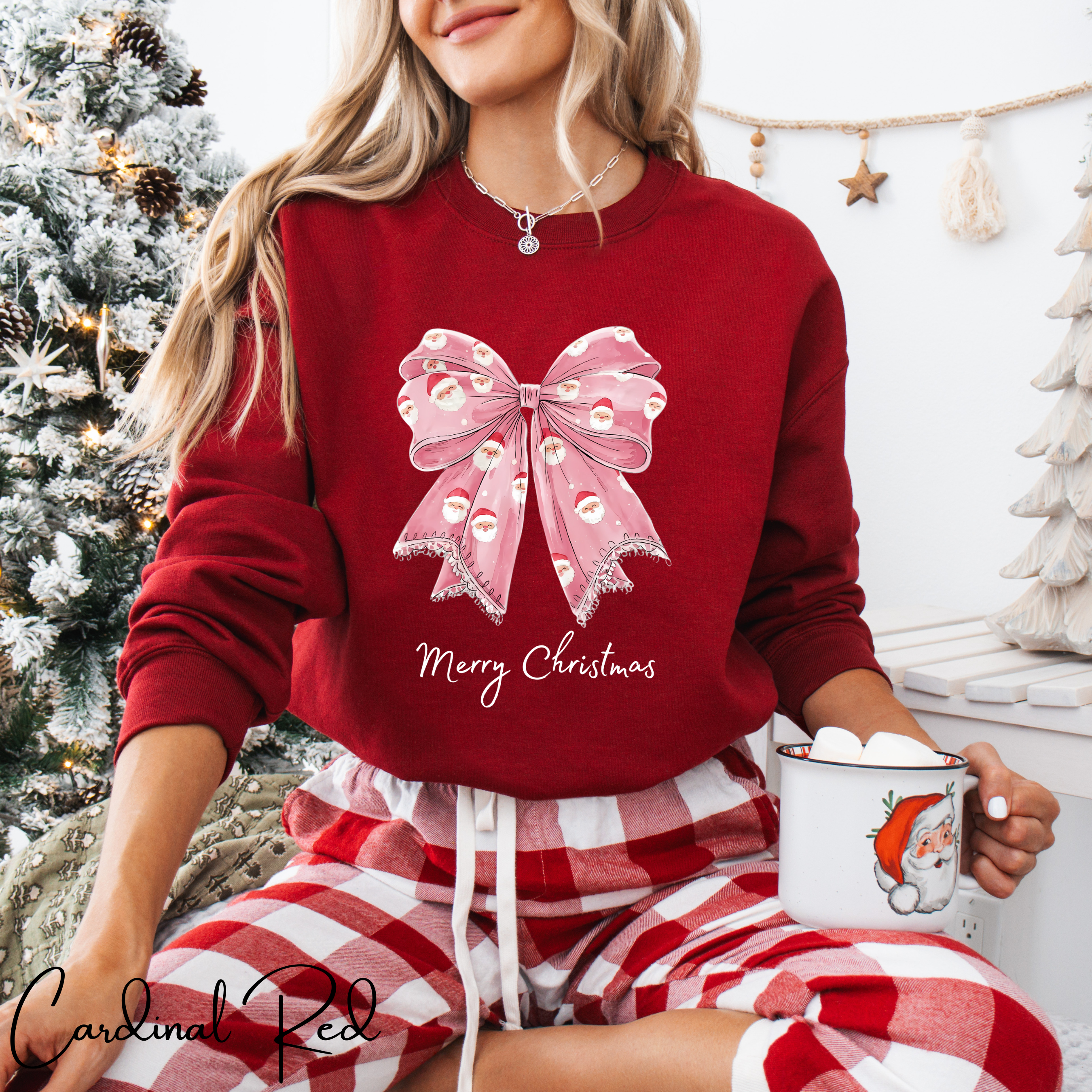 🎀🎅 Pink Coquette Bow Christmas Sweatshirt – Gildan 18000 Cozy Holiday Crewneck with Santa Bow Design • Soft Girly Festive Aesthetic
