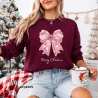 🎀🎅 Pink Coquette Bow Christmas Sweatshirt – Gildan 18000 Cozy Holiday Crewneck with Santa Bow Design • Soft Girly Festive Aesthetic