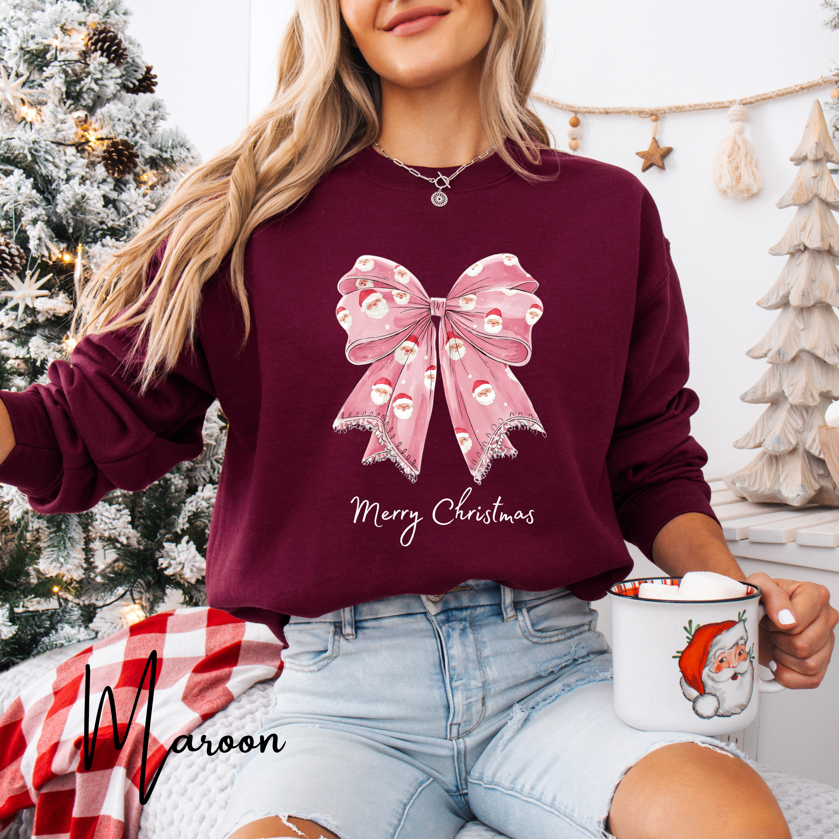 🎀🎅 Pink Coquette Bow Christmas Sweatshirt – Gildan 18000 Cozy Holiday Crewneck with Santa Bow Design • Soft Girly Festive Aesthetic