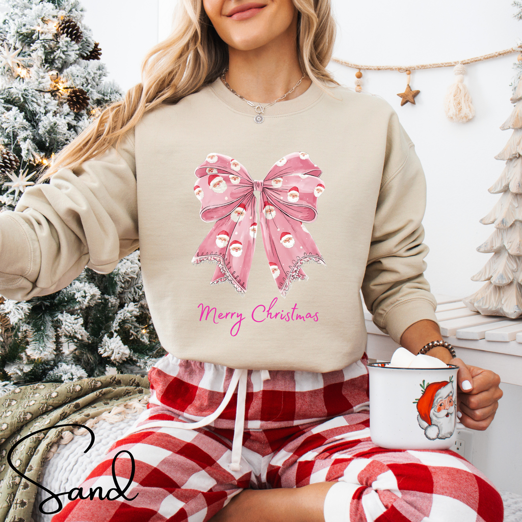 🎀🎅 Pink Coquette Bow Christmas Sweatshirt – Gildan 18000 Cozy Holiday Crewneck with Santa Bow Design • Soft Girly Festive Aesthetic