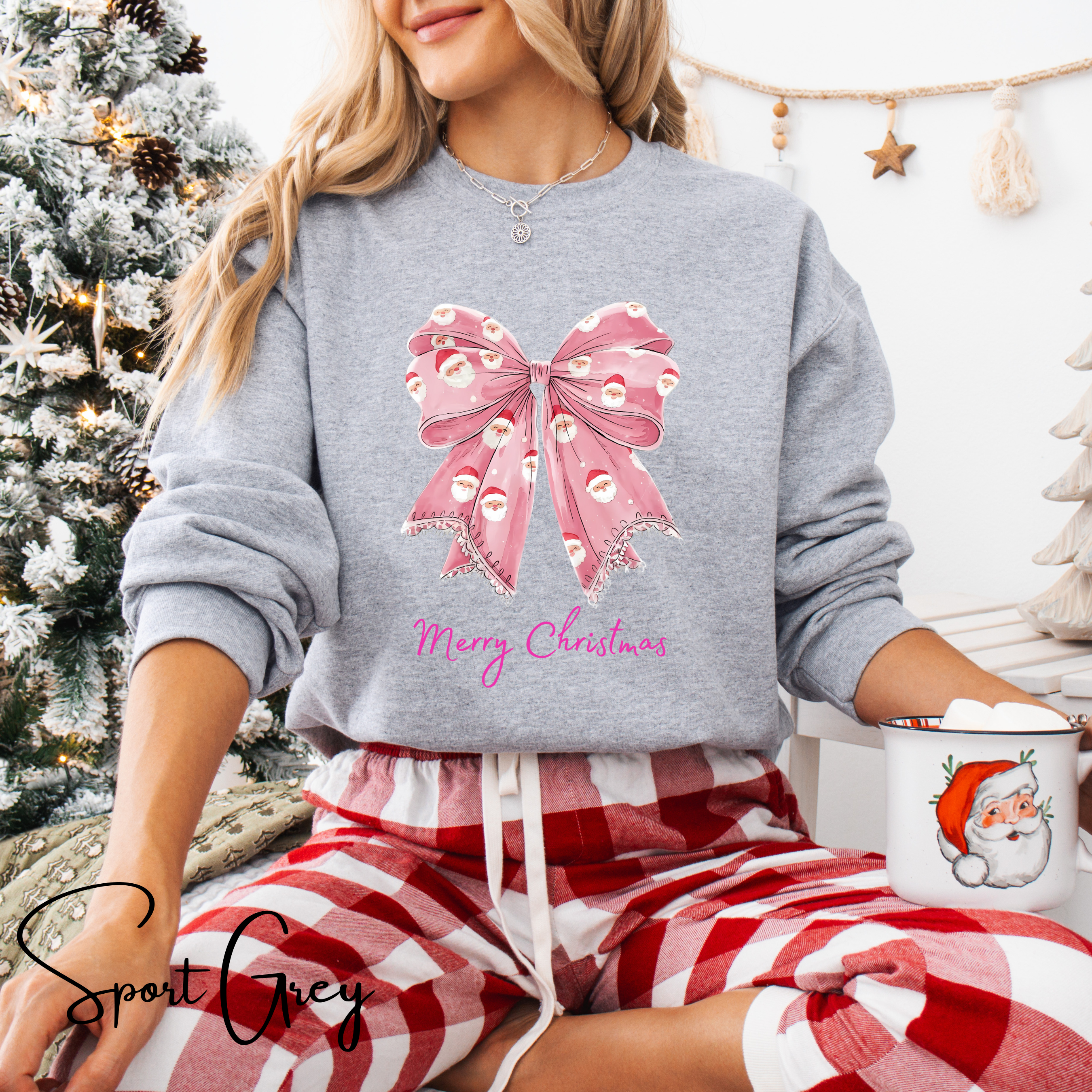 🎀🎅 Pink Coquette Bow Christmas Sweatshirt – Gildan 18000 Cozy Holiday Crewneck with Santa Bow Design • Soft Girly Festive Aesthetic