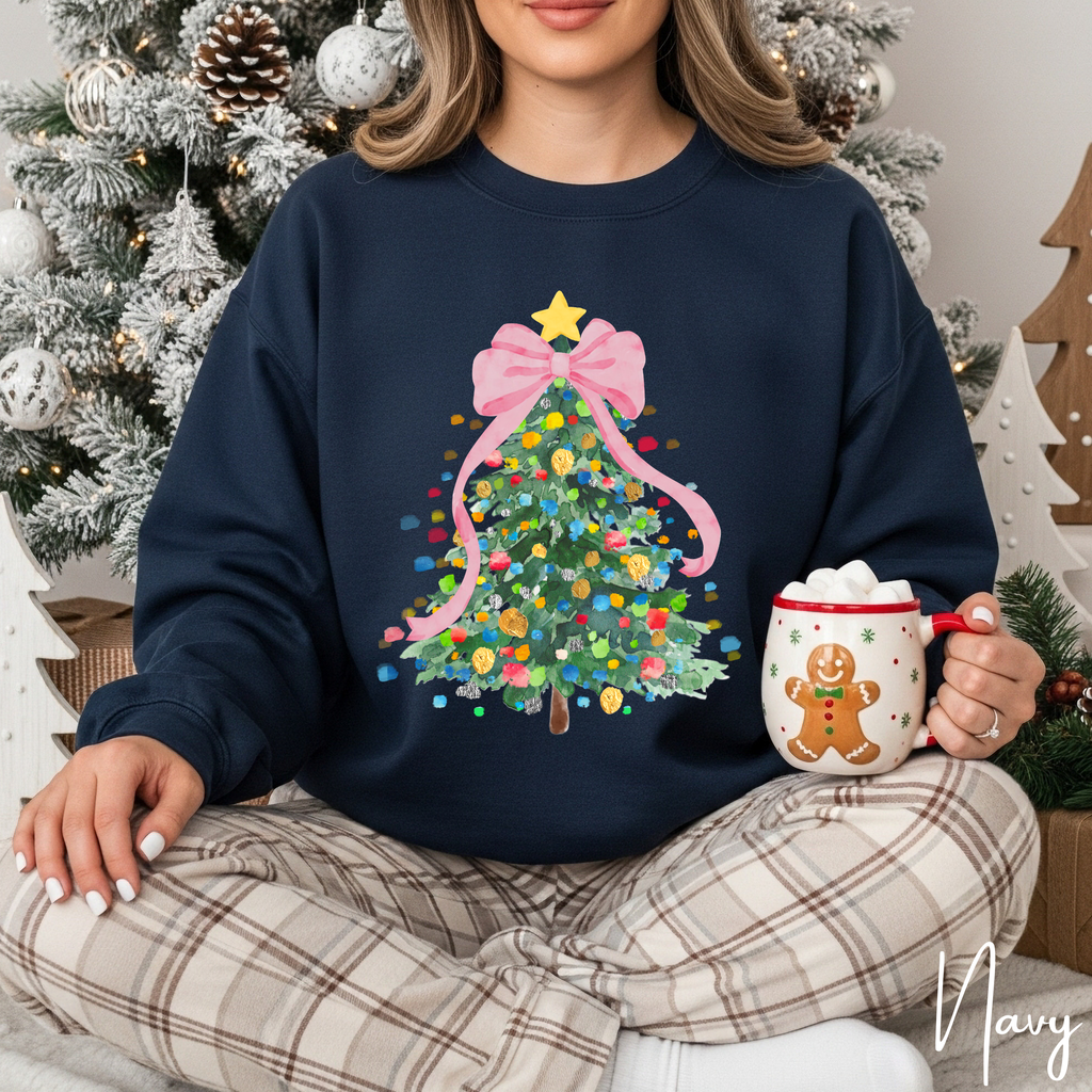 Pastel Watercolor Christmas Tree Sweatshirt 🎄 | Coquette Bow Holiday Crewneck for Women