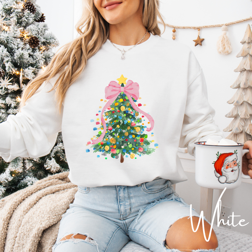 Pastel Watercolor Christmas Tree Sweatshirt 🎄 | Coquette Bow Holiday Crewneck for Women