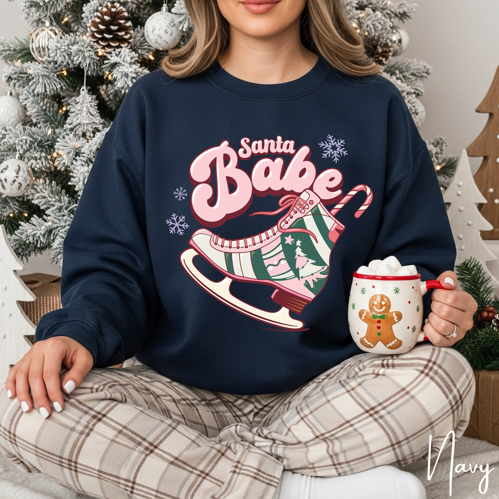 Santa Babe Retro Rollerskate Christmas T-Shirt | Vintage Holiday Graphic Gildan 18000 Sweatshirt