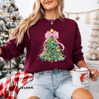 Pastel Watercolor Christmas Tree Sweatshirt 🎄 | Coquette Bow Holiday Crewneck for Women