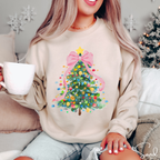 Pastel Watercolor Christmas Tree Sweatshirt 🎄 | Coquette Bow Holiday Crewneck for Women