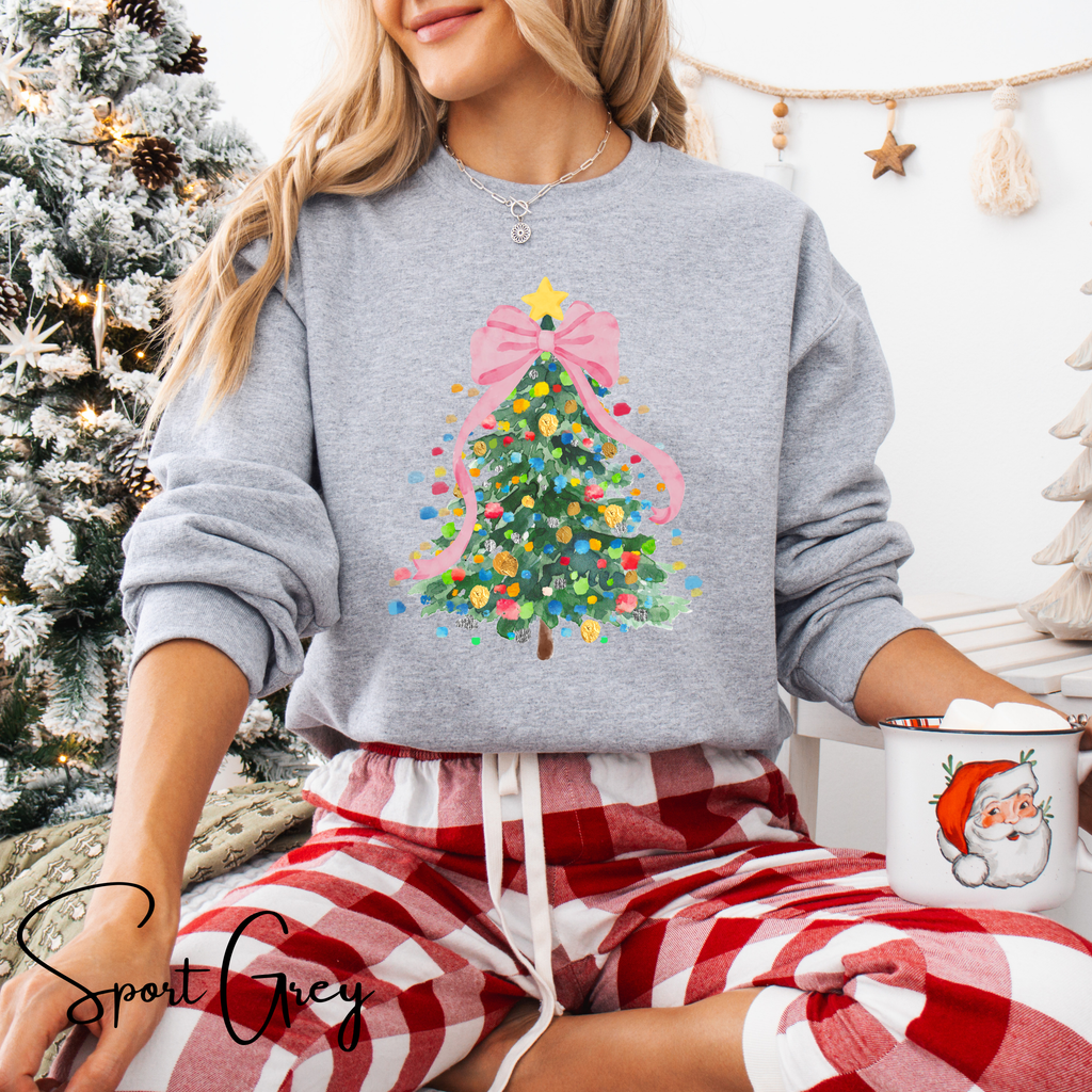 Pastel Watercolor Christmas Tree Sweatshirt 🎄 | Coquette Bow Holiday Crewneck for Women