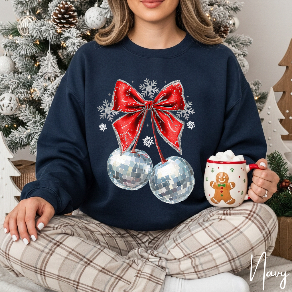 🍒✨ Disco Cherry Coquette Bow Sweatshirt – Retro Glitter Aesthetic Cozy Trendy Pullover 🎀🪩 Gildan 18000 Sweatshirt