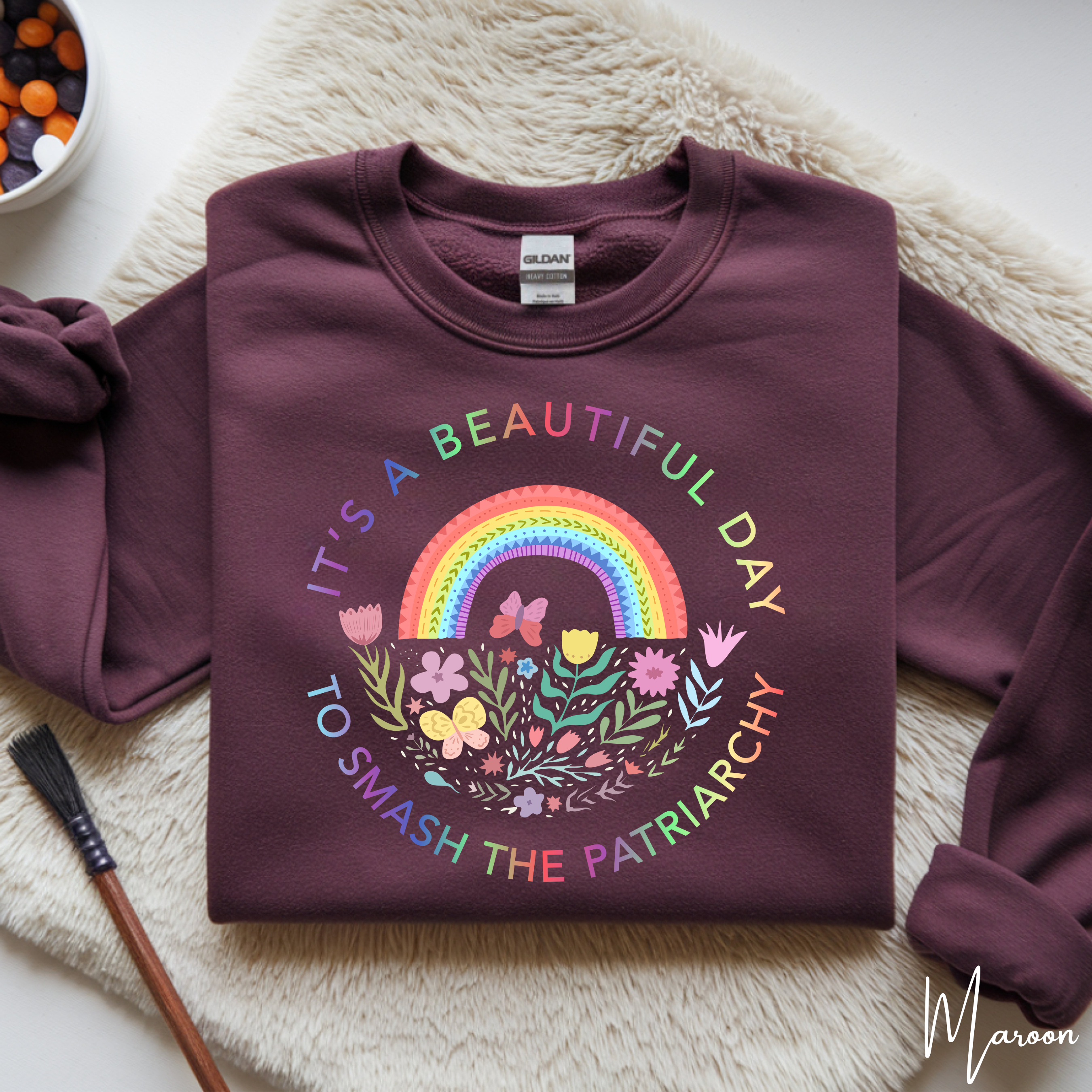 It’s a Beautiful Day to Smash the Patriarchy Sweatshirt 🌈 | Floral Rainbow Circle Design | Gildan Crewneck