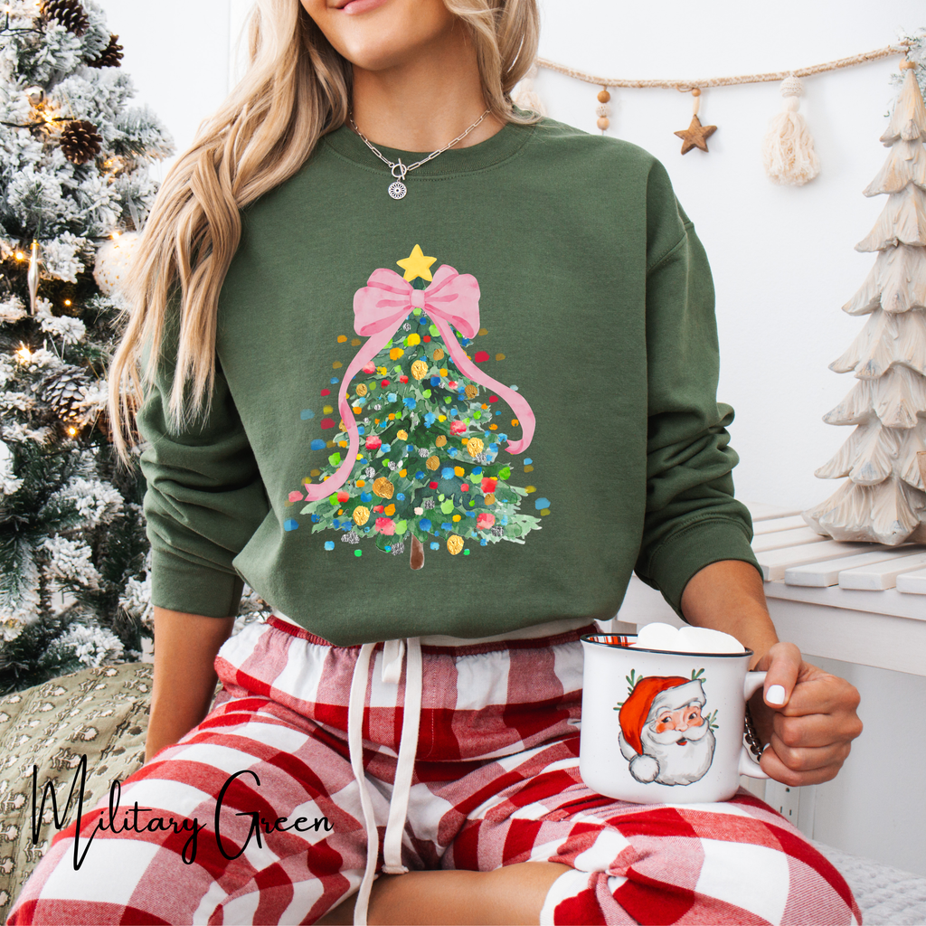 Pastel Watercolor Christmas Tree Sweatshirt 🎄 | Coquette Bow Holiday Crewneck for Women