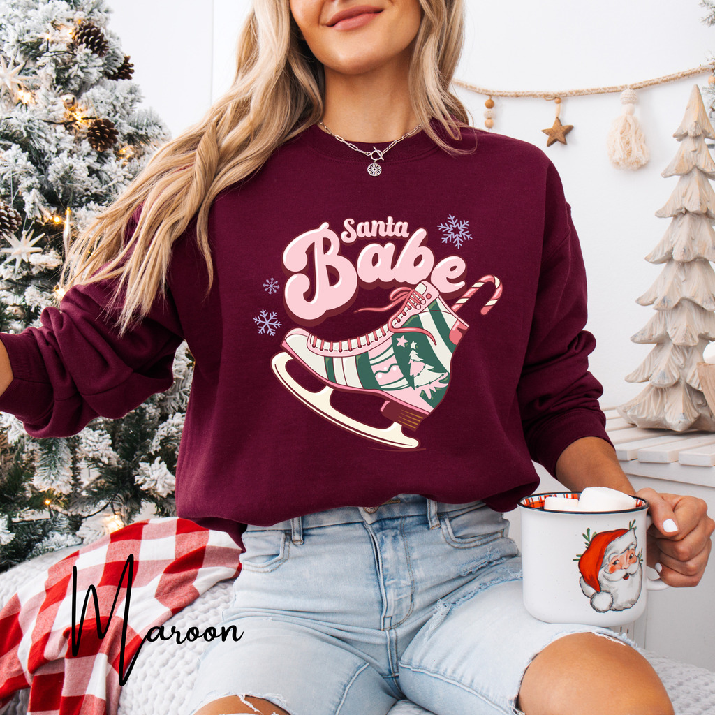 Santa Babe Retro Rollerskate Christmas T-Shirt | Vintage Holiday Graphic Gildan 18000 Sweatshirt