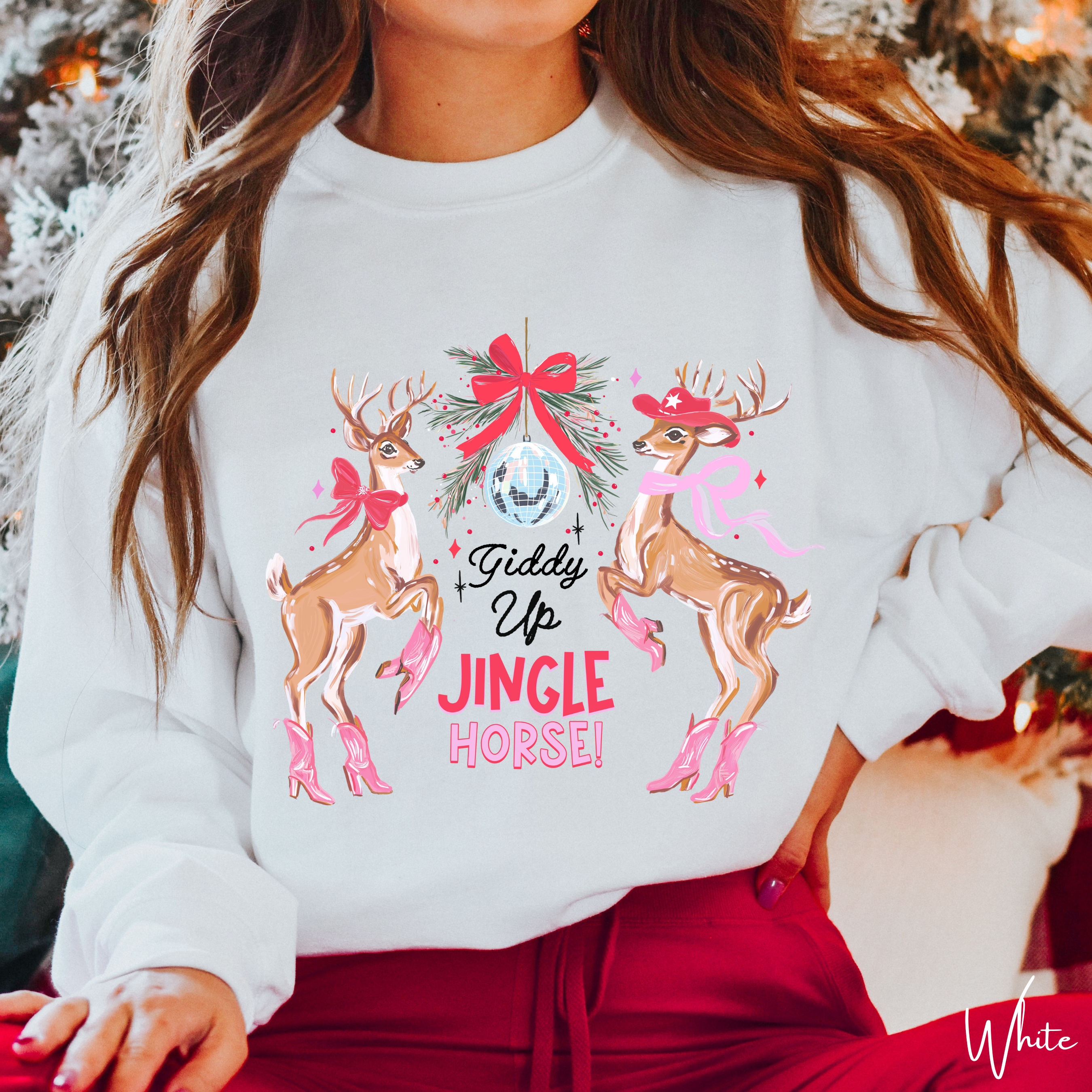 🎄🤠 Giddy Up Jingle Horse | Reindeer Disco Ball Christmas Gildan 18000 Sweatshirt