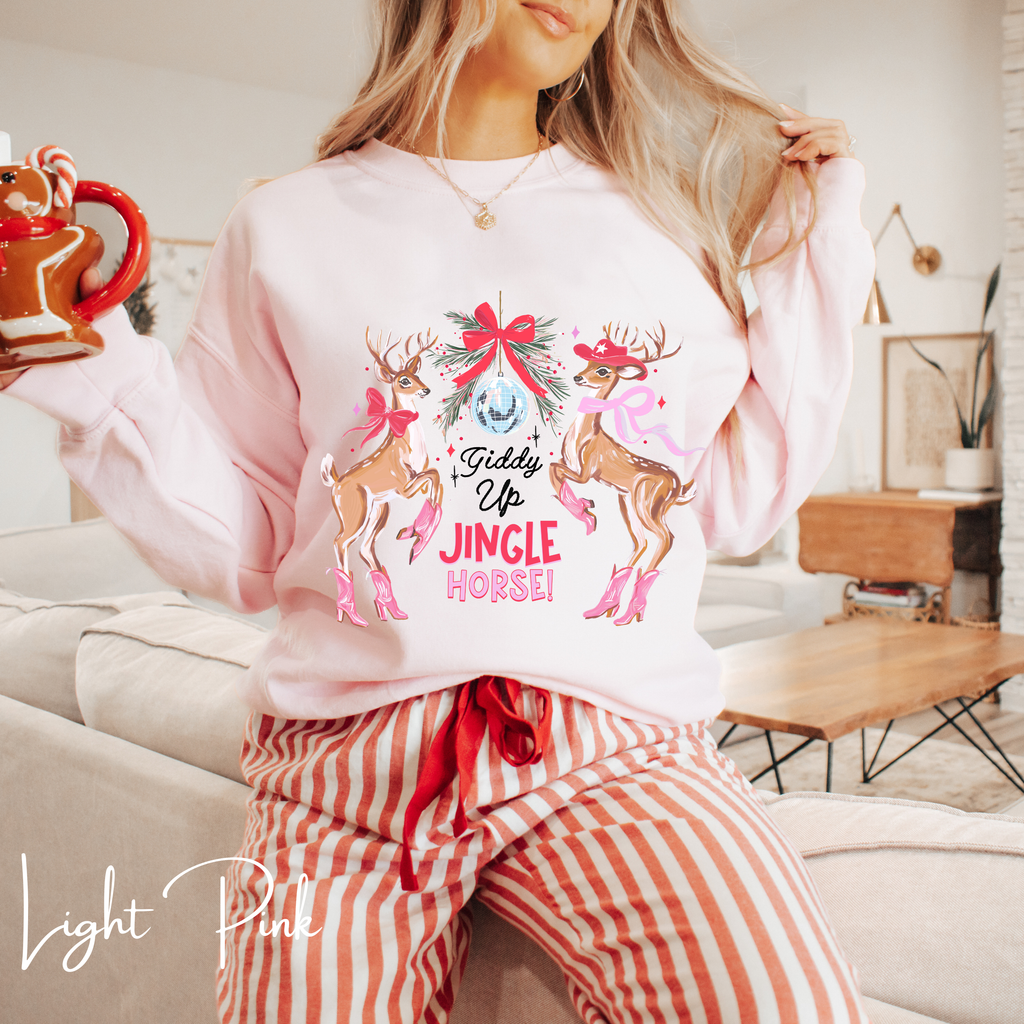 🎄🤠 Giddy Up Jingle Horse | Reindeer Disco Ball Christmas Gildan 18000 Sweatshirt
