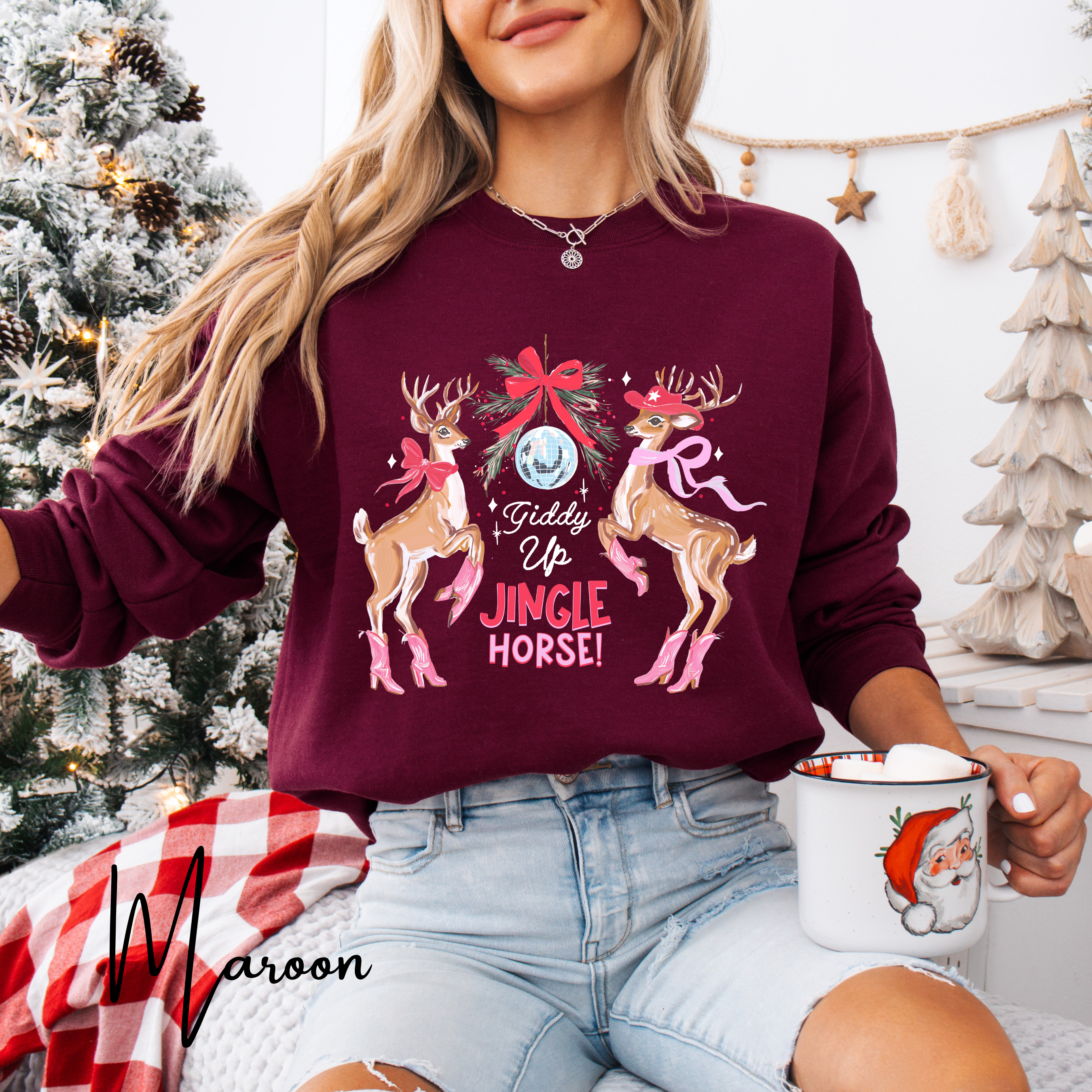 🎄🤠 Giddy Up Jingle Horse | Reindeer Disco Ball Christmas Gildan 18000 Sweatshirt