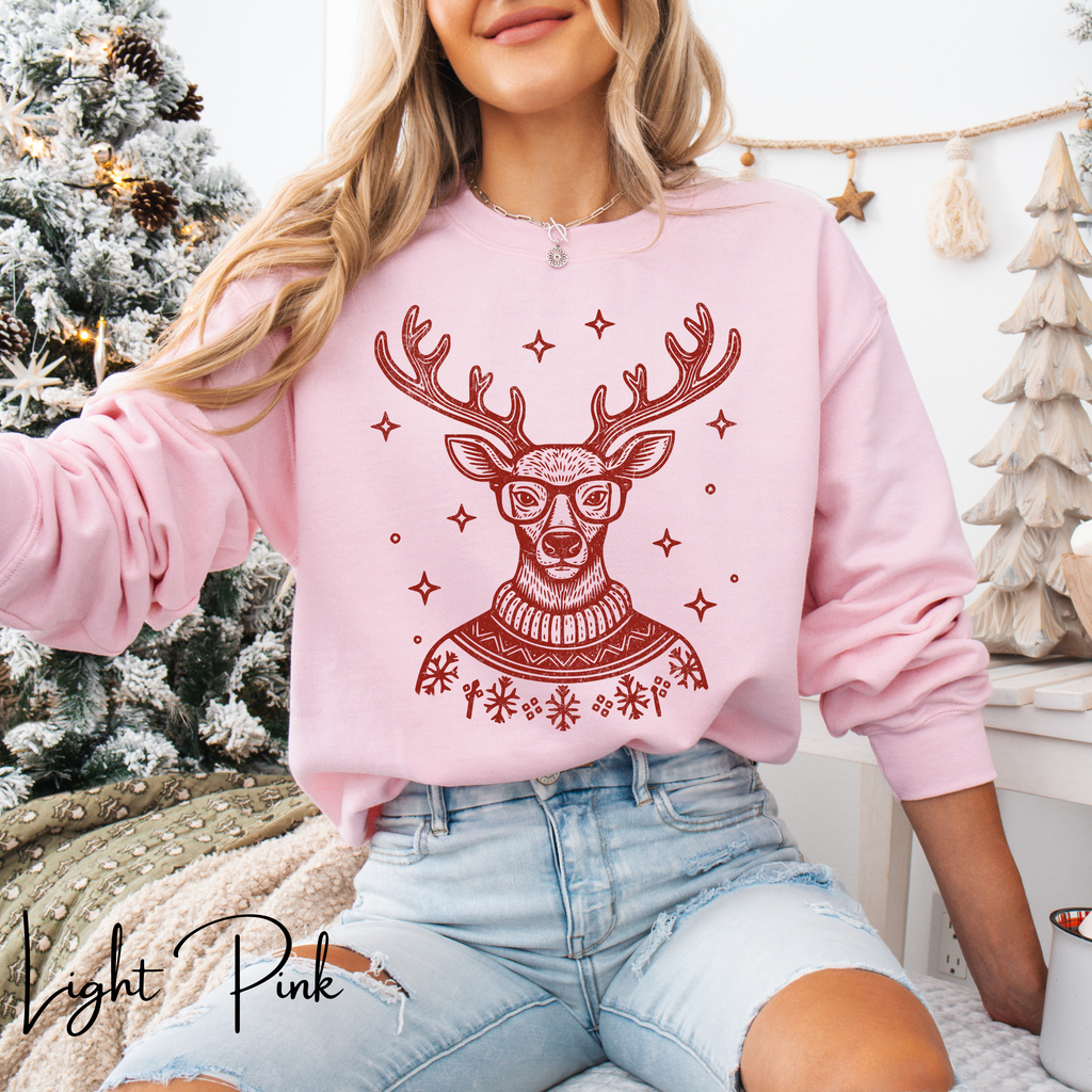 🦌🎄 Preppy Christmas Deer Sweatshirt – Gildan 18000 • Festive Turtleneck Sweater Deer with Glasses Holiday Crewneck