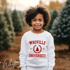Kids Whoville University Sweatshirt | Christmas Grinch-Inspired Holiday Kids Gildan 18000B Sweatshirt