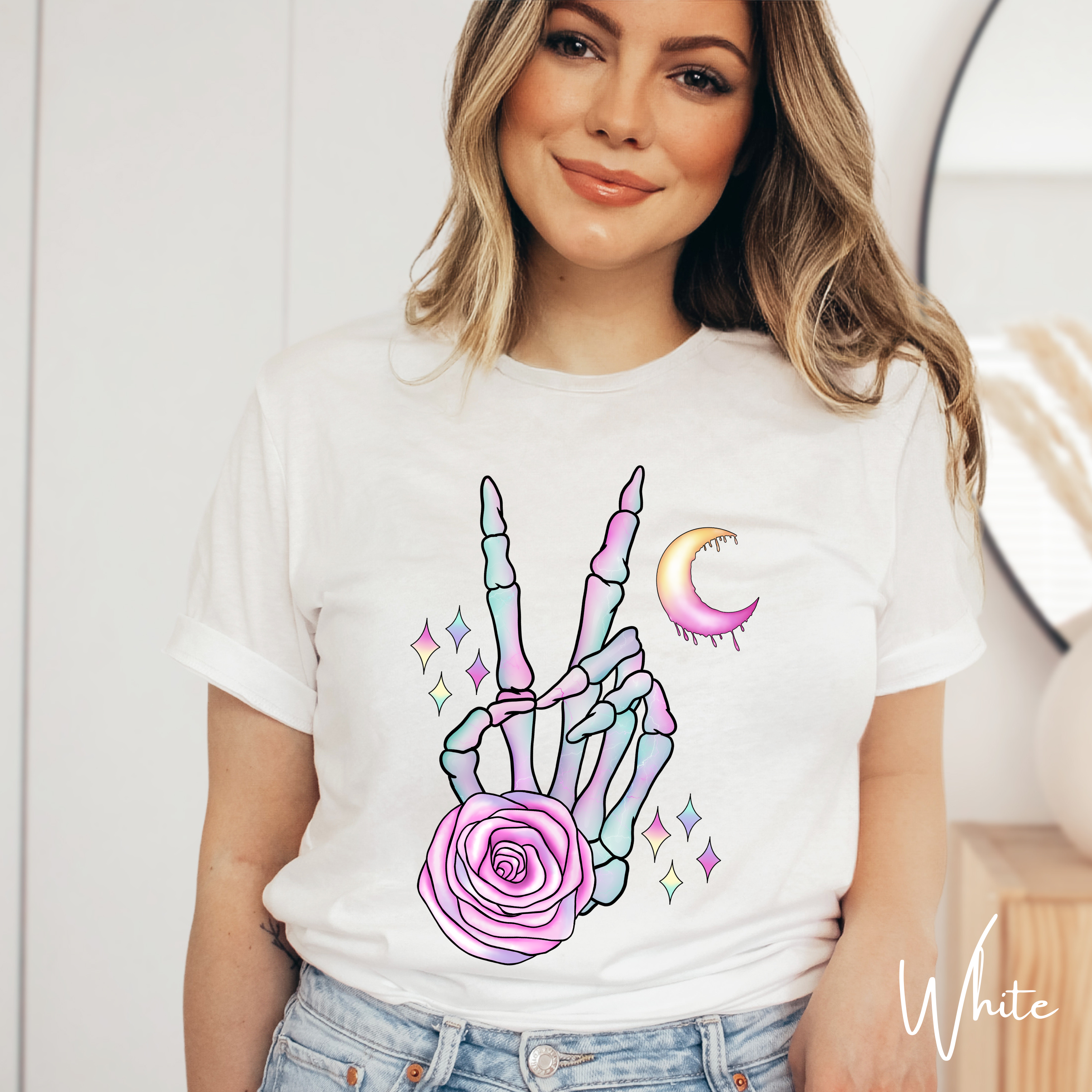 Skeleton Peace Sign Shirt with Crystals | Witchy Boho Graphic Bella Canvas 3001 Tshirt