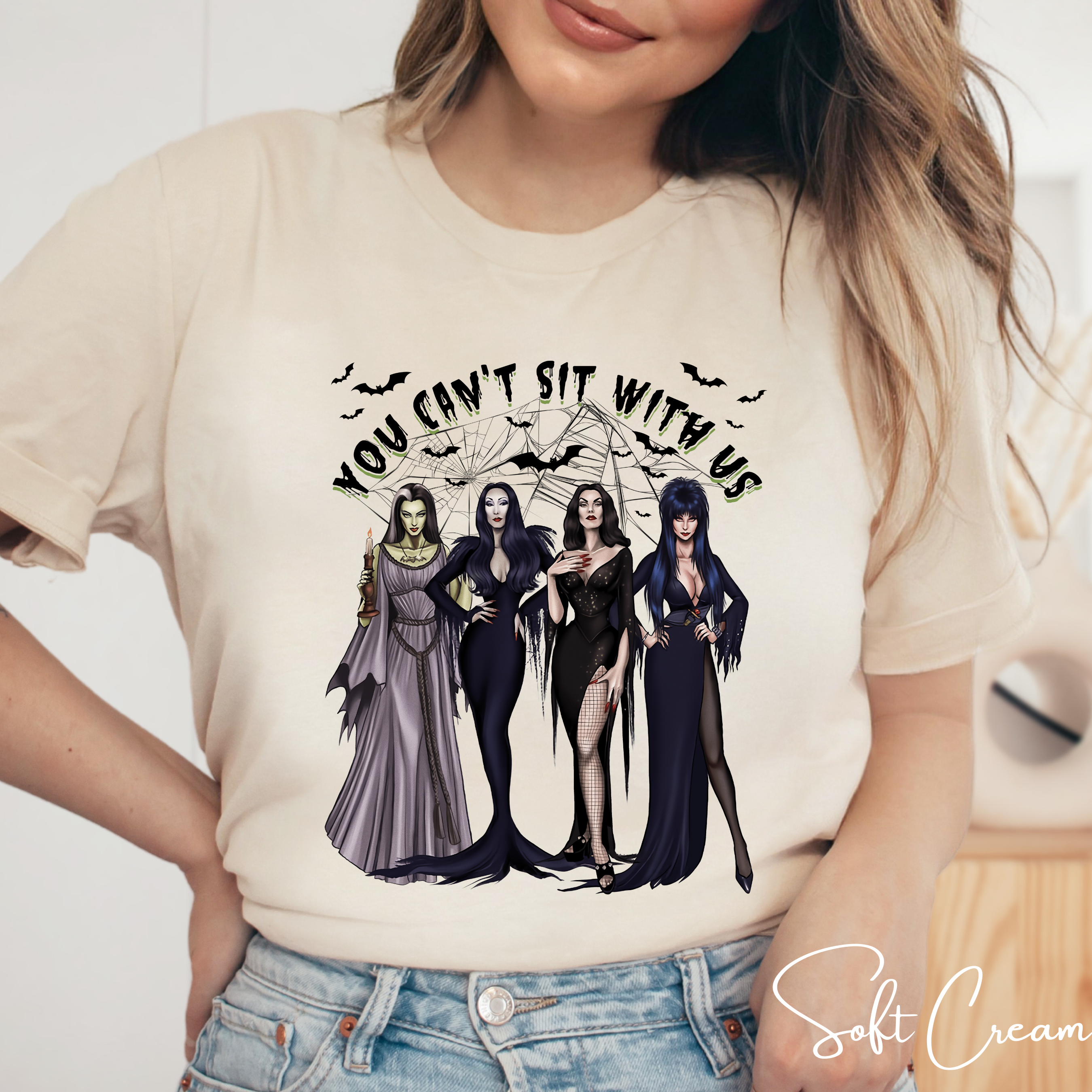 Women of Horror “You Can’t Sit With Us” Tee 👻🖤💋 | Morticia, Elvira, Bride of Frankenstein, Vampira & Lily Munster Bella Canvas 3001 Tshirt